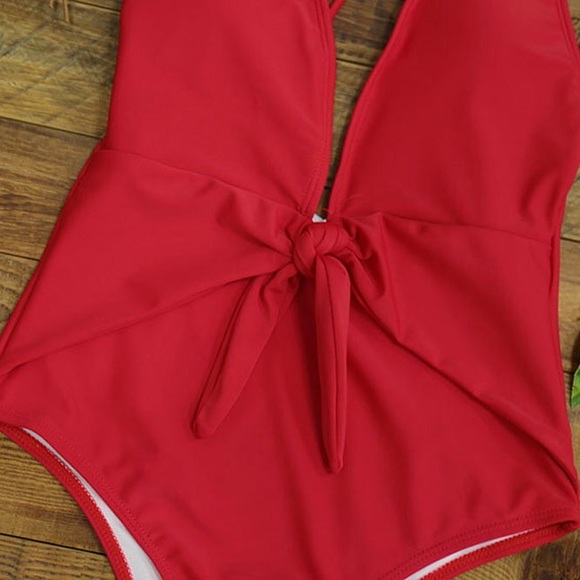 Red One Piece Plunge Front Tie Swimsuit - Picture 6 of 7